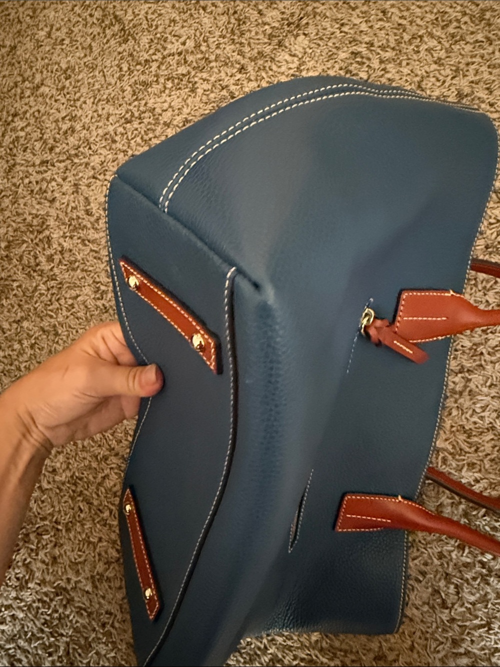 Dooney & Bourke Teal Pebbled Leather Tote with Brown Handles - Picture 7 of 8